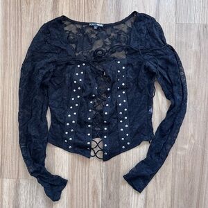 Fashion Nova Black Lace-Up Blouse with Studs